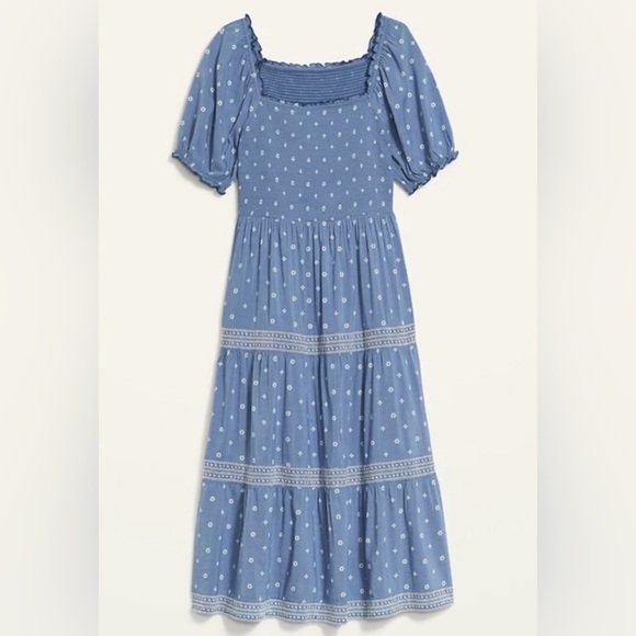 Old Navy Puff-Sleeve Printed Embroidered Smocked Fit & Flare Midi Dress Large - Picture 3 of 8